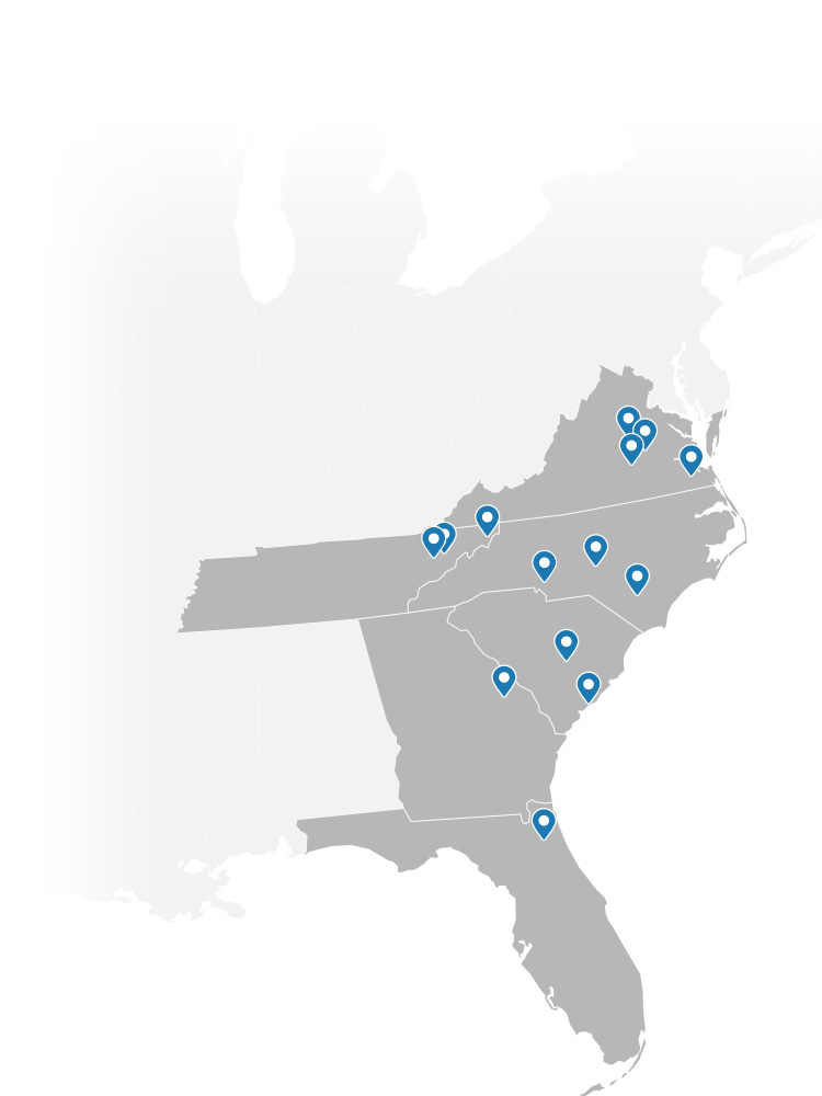 Map of AFP Industries 14 locations in Virginia, Tennessee, North Carolina, South Carolina, Georgia and Florida