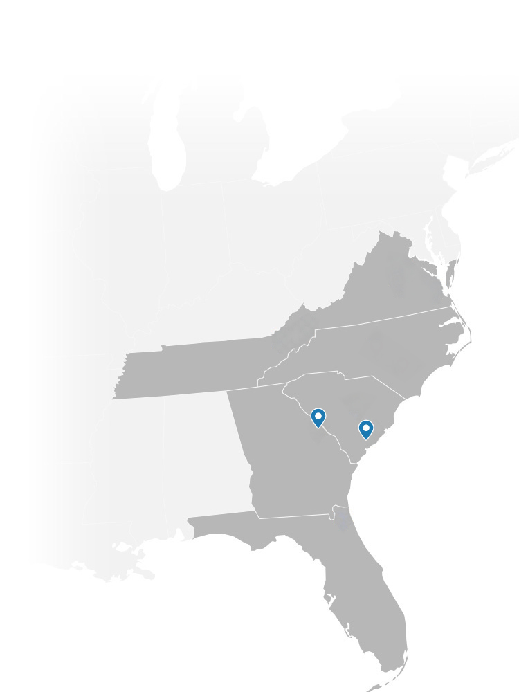 Map of AFP Industries Two Hydraulic Service Repair Centers in South Carolina and Georgia